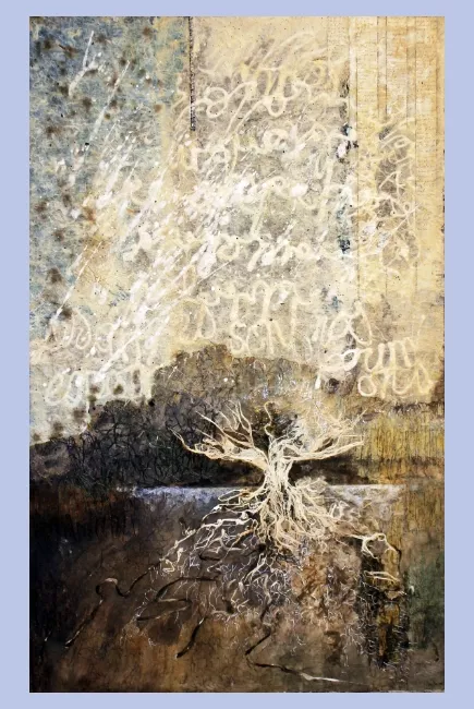 Tableau en papier de Viviane Fontaine, intitulé ”Ombre et lumière”, représentant un arbre pris entre la terre et le ciel dont des écritures émanes