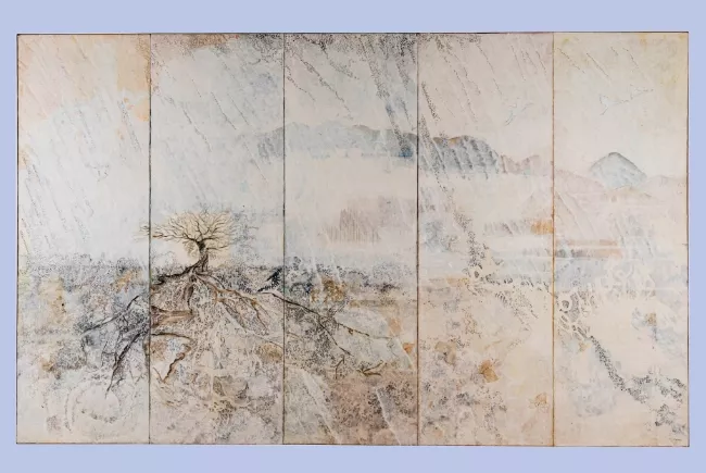 Tableau en papier (en 5 parties) de Viviane Fontaine, intitulé ”Infini”, représentant un paysage composé d'une plaine avec un arbre et des montagnes en arrière plan