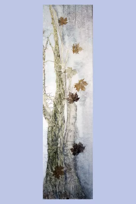 Tableau en papier de Viviane Fontaine, intitulé ”Gardien du silence 2”, représentant un arbre, dont ses feuilles tombent