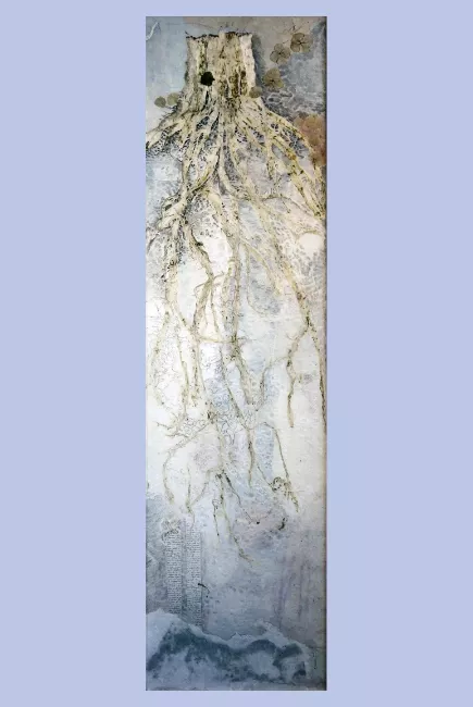 Tableau en papier de Viviane Fontaine, intitulé ”Gardien du silence 1”, représentant les racines d'un arbre, vu en coupe dans la terre