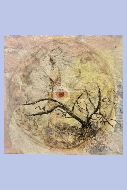 Tableau en papier de Viviane Fontaine, intitulé ”Matin d'été”, représentant un arbre à l'intérieur d'un soleil