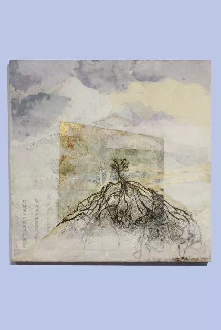 Tableau en papier de Viviane Fontaine, intitulé ”Fenêtre sur”, représentant un arbre traversant une fenêtre imaginaire